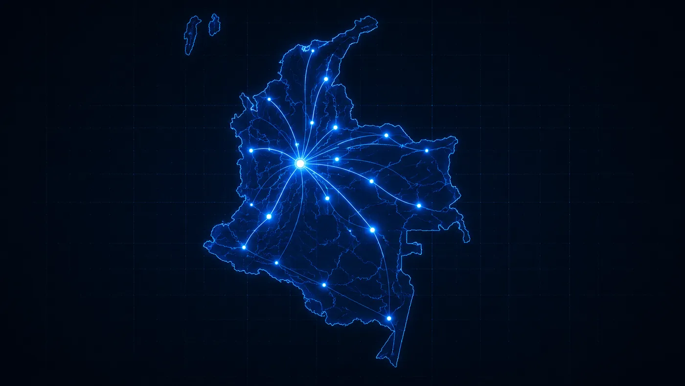 Mapa de Colombia con la red de rutas de transporte de carga de Flotex Carga desde Medellín hacia las principales ciudades del país